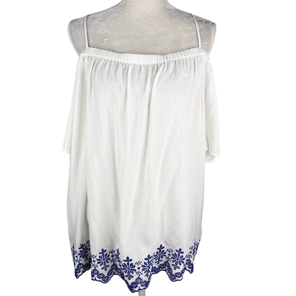Old Navy Top Cold Shoulder Off Shoulder White Blue Embroidered XXL New